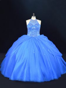 Enchanting Halter Top Sleeveless Tulle Ball Gown Prom Dress Beading Lace Up