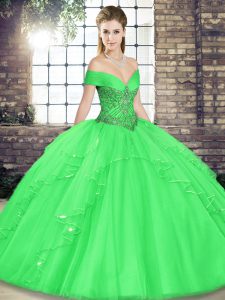 Best Sleeveless Floor Length Beading and Ruffles Lace Up 15th Birthday Dress with Green