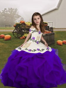 Purple Organza Lace Up Little Girls Pageant Dress Wholesale Sleeveless Floor Length Embroidery and Ruffles