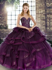 High End Sweetheart Sleeveless Tulle Quinceanera Gowns Beading and Ruffles Lace Up