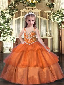 Cheap Floor Length Orange Kids Formal Wear Organza Sleeveless Ruffled Layers