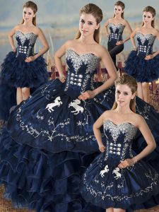 Sleeveless Floor Length Embroidery and Ruffles Lace Up Sweet 16 Quinceanera Dress with Navy Blue