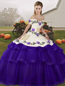 Adorable Lace Up Quinceanera Gown Purple for Military Ball and Sweet 16 and Quinceanera with Embroidery and Ruffled Layers Brush Train