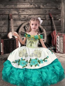 Turquoise Little Girl Pageant Dress Wedding Party with Beading and Embroidery and Ruffles Off The Shoulder Sleeveless Lace Up