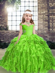 Sleeveless Floor Length Beading and Ruffles Lace Up Kids Formal Wear with
