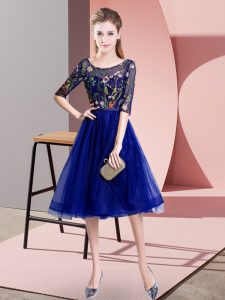 Luxurious Blue Vestidos de Damas Wedding Party with Embroidery Scoop Half Sleeves Lace Up