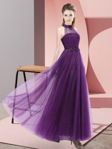 Sweet Dark Purple Quinceanera Court of Honor Dress Wedding Party with Beading and Appliques Halter Top Sleeveless Lace Up