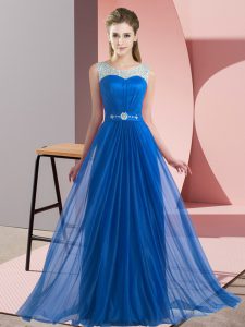 Artistic Blue Empire Chiffon Scoop Sleeveless Beading Floor Length Lace Up Dama Dress