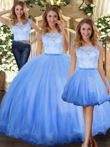 Blue Three Pieces Lace Vestidos de Quinceanera Clasp Handle Tulle Sleeveless Floor Length