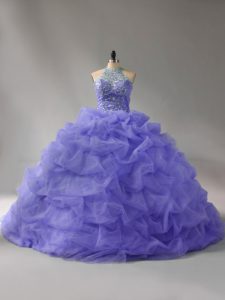 Elegant Court Train Ball Gowns Sweet 16 Dresses Lavender Halter Top Organza Sleeveless Lace Up