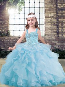 Light Blue Sleeveless Tulle Lace Up Little Girls Pageant Dress for Party and Military Ball and Wedding Party