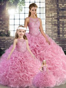 Custom Fit Rose Pink Sleeveless Fabric With Rolling Flowers Lace Up Quinceanera Dress for Military Ball and Sweet 16 and Quinceanera