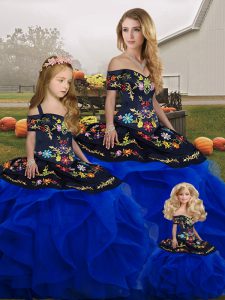 Floor Length Royal Blue Quinceanera Gowns Tulle Sleeveless Embroidery and Ruffles
