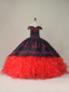 Custom Fit Red And Black Lace Up Quinceanera Dress Embroidery and Ruffles Sleeveless Brush Train