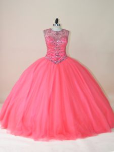 Scoop Sleeveless Tulle Ball Gown Prom Dress Beading Lace Up