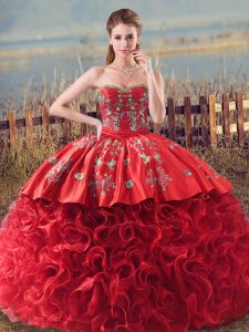 Discount Sweetheart Sleeveless 15th Birthday Dress Brush Train Embroidery and Ruffles Coral Red Fabric With Rolling Flowers