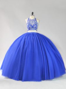 Attractive Floor Length Royal Blue Vestidos de Quinceanera Tulle Sleeveless Beading
