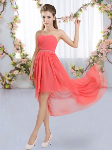Exceptional Chiffon Strapless Sleeveless Lace Up Beading Quinceanera Court Dresses in Watermelon Red