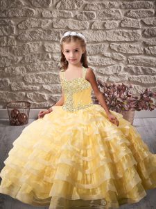 Perfect Gold Tulle Lace Up Straps Sleeveless Little Girls Pageant Dress Wholesale Brush Train Beading and Ruffled Layers