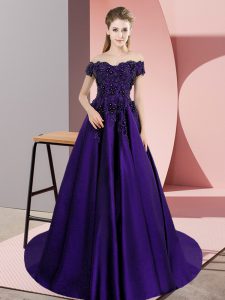 Off The Shoulder Sleeveless Sweet 16 Dress Court Train Lace Purple Satin