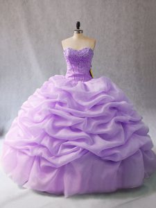 Trendy Floor Length Lavender Sweet 16 Dresses Organza Sleeveless Beading and Pick Ups