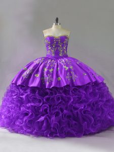 Sophisticated Purple Quinceanera Dress Fabric With Rolling Flowers Brush Train Sleeveless Embroidery and Ruffles