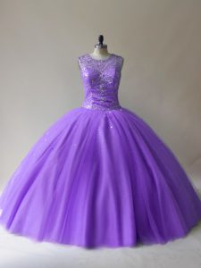 Admirable Scoop Sleeveless Lace Up Quince Ball Gowns Lavender Tulle