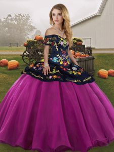 Glittering Floor Length Fuchsia Quinceanera Dress Tulle Sleeveless Embroidery