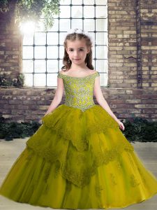 Low Price Olive Green Ball Gowns Off The Shoulder Sleeveless Tulle Floor Length Lace Up Beading and Appliques Little Girls Pageant Gowns