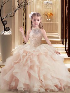 Custom Design Pink Little Girl Pageant Dress Party and Sweet 16 and Wedding Party with Beading High-neck Sleeveless Brush Train Lace Up