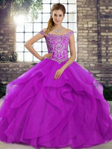 Simple Off The Shoulder Sleeveless Tulle Quinceanera Dress Beading and Ruffles Brush Train Lace Up