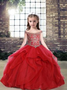Superior Off The Shoulder Sleeveless Little Girl Pageant Dress Floor Length Beading and Ruffles Red Tulle