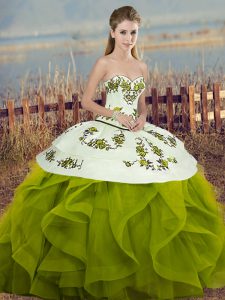 Stylish Olive Green Tulle Lace Up Sweetheart Sleeveless Floor Length Quinceanera Gowns Embroidery and Ruffles and Bowknot