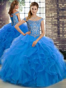 Inexpensive Blue Ball Gowns Beading and Ruffles 15 Quinceanera Dress Lace Up Tulle Sleeveless