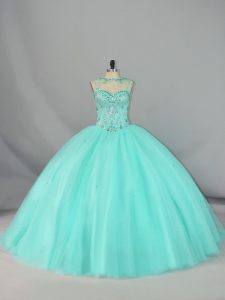 Delicate Apple Green Sweet 16 Dresses Tulle Brush Train Sleeveless Beading