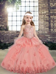 Cheap Watermelon Red Sleeveless Tulle Lace Up Little Girl Pageant Gowns for Party and Wedding Party