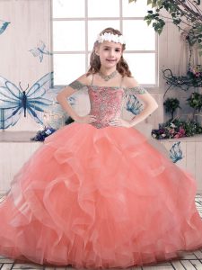 Watermelon Red Tulle Lace Up Child Pageant Dress Sleeveless Floor Length Beading and Ruffles