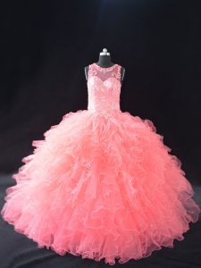 Charming Watermelon Red Ball Gowns Beading and Ruffles Sweet 16 Dress Lace Up Organza Sleeveless Floor Length