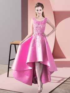 Rose Pink Court Dresses for Sweet 16 Wedding Party with Lace Scoop Sleeveless Zipper