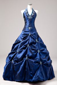 Sleeveless Taffeta Floor Length Lace Up Quinceanera Dresses in Royal Blue with Appliques and Pick Ups