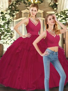Custom Made Floor Length Red Quinceanera Gown Tulle Sleeveless Ruffles