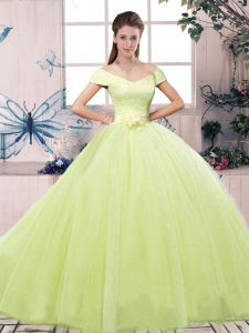 Simple Yellow Green Ball Gowns Off The Shoulder Short Sleeves Tulle Floor Length Lace Up Lace and Hand Made Flower Quinceanera Gown