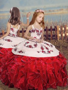 Red Lace Up Straps Embroidery and Ruffles Glitz Pageant Dress Organza Sleeveless