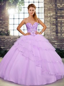 Excellent Lilac Sleeveless Tulle Brush Train Lace Up Quinceanera Gown for Military Ball and Sweet 16 and Quinceanera