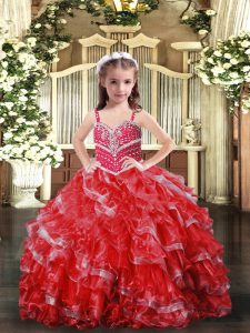 Excellent Red Pageant Gowns For Girls Party and Sweet 16 and Wedding Party with Beading Straps Sleeveless Lace Up