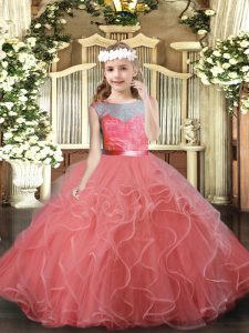 Watermelon Red Ball Gowns Scoop Sleeveless Tulle Floor Length Backless Lace and Ruffles Kids Pageant Dress