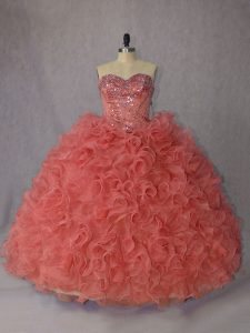 Fantastic Lace Up Sweet 16 Dress Orange for Sweet 16 and Quinceanera with Beading and Ruffles Brush Train