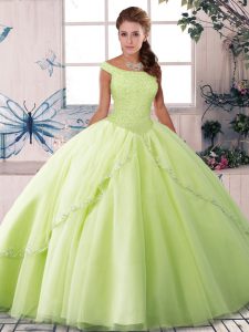 Yellow Green Ball Gowns Tulle Off The Shoulder Sleeveless Beading Lace Up Ball Gown Prom Dress Brush Train