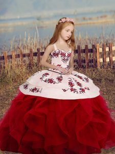 Wine Red Lace Up Straps Embroidery and Ruffles Kids Formal Wear Sleeveless