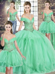 Apple Green Ball Gowns Off The Shoulder Sleeveless Tulle Floor Length Lace Up Beading and Ruffles Vestidos de Quinceanera